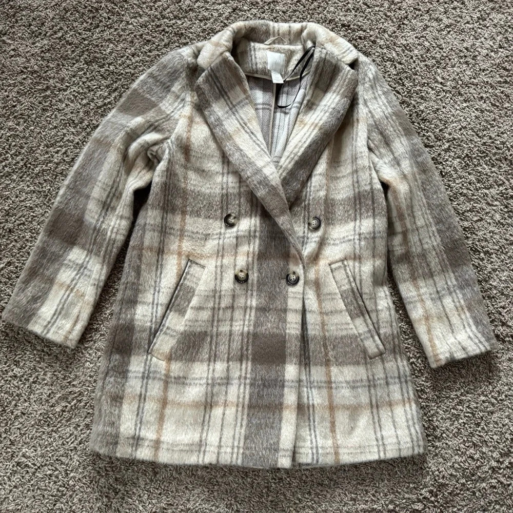 H&M Premium Plaid Pea Coat Women Size 4 EUC